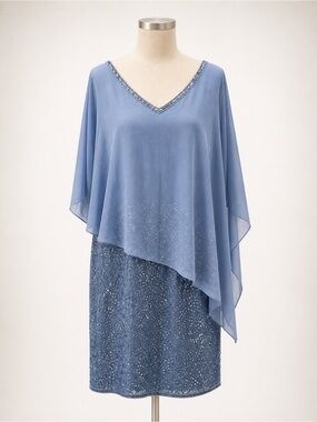 J Kara Beaded Cocktail Dress Sheer Capelet Overlay V-Neck Dusty Blue Size 18 NWT